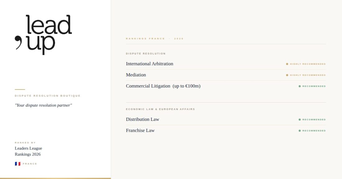 Lead up is ranked Highly Recommended in International Arbitration and Mediation, and Recommended in three further practice areas, by Leaders League 2026 (France).